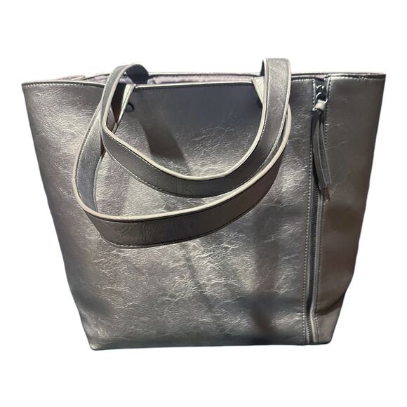 NEIMAN MARCUS Large Silver Tote Dual Handle Expandable Zippers Bucket Lined - Picture 1 of 11